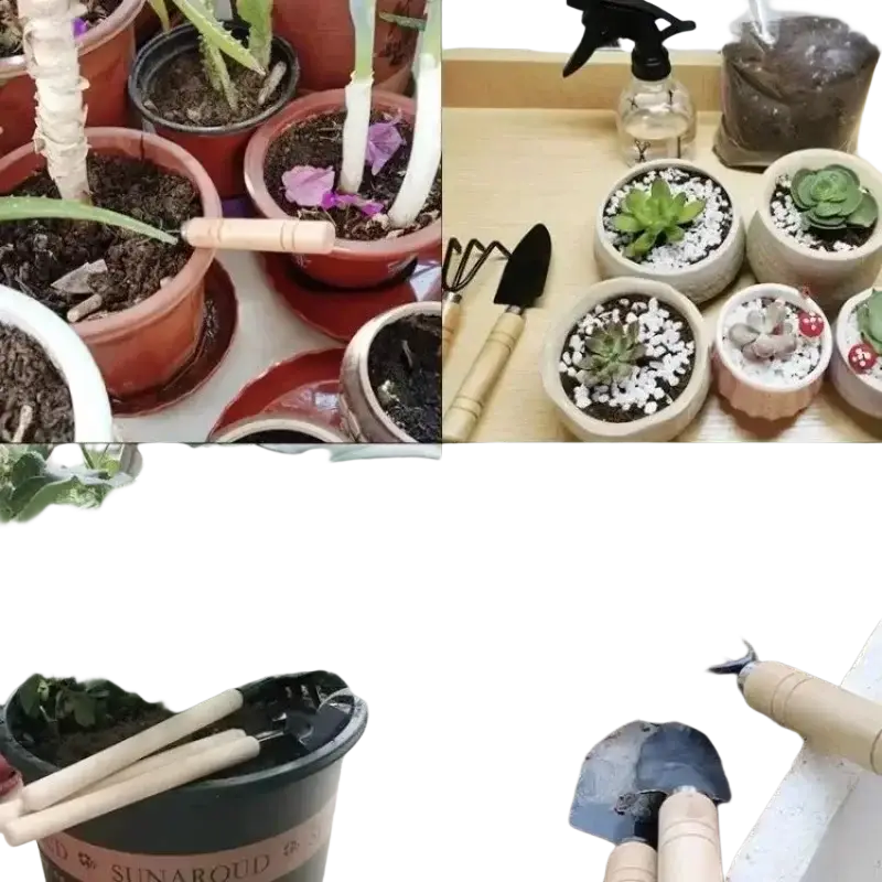 Set of four ceramic miniature pots with white pebbles and red mushroom accents for small gardening tools use