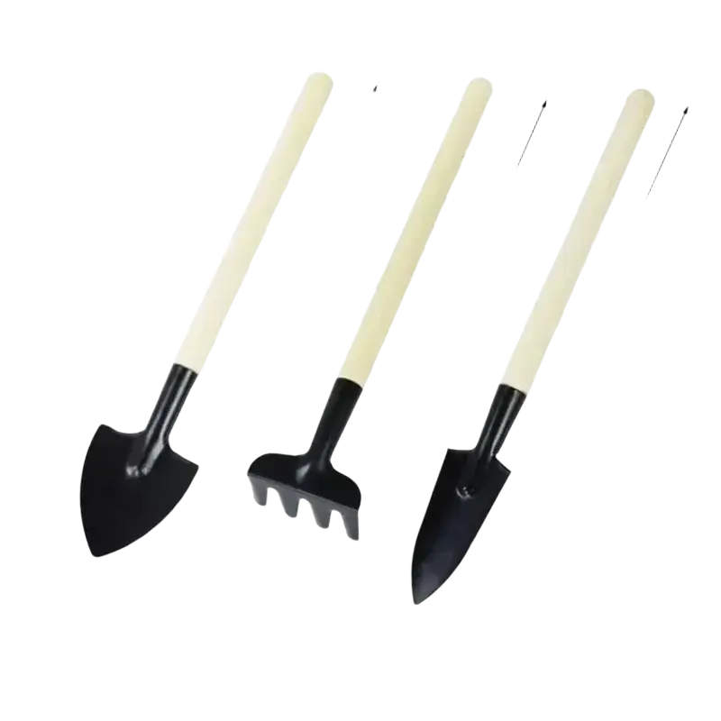 Set of three small gardening tools with black metal heads and cream-colored wood handles including a garden shovel