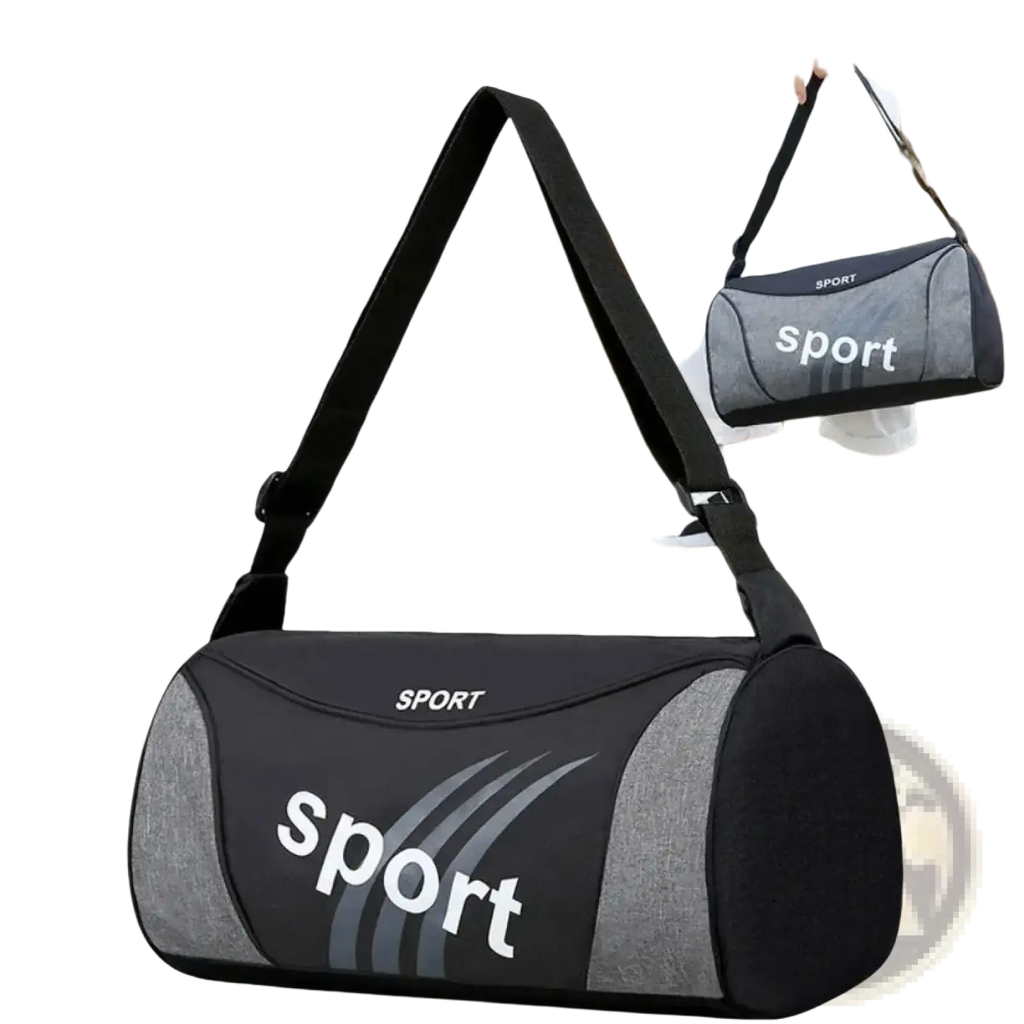 Small gym bag black and gray sport duffel with white sport branding for fitness training and sports use