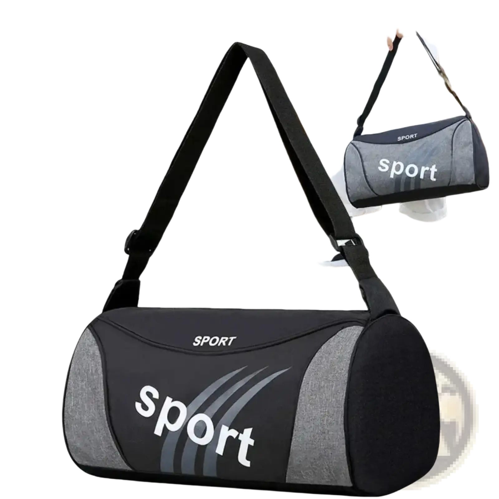 Small gym bag black and gray sport duffel with white sport branding for fitness training and sports use