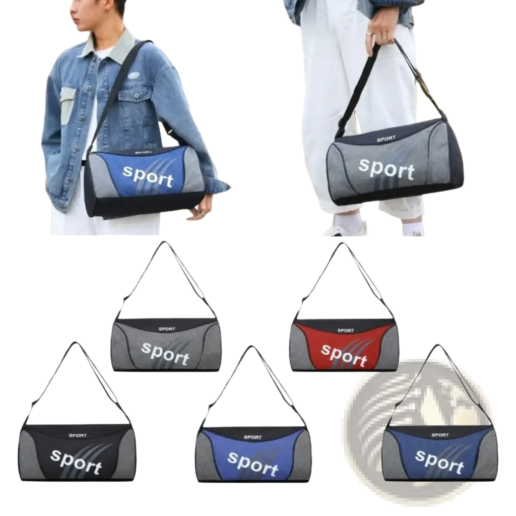 Small gym bag sport duffel handbag in blue and gray with black trim and white sport lettering for fitness training