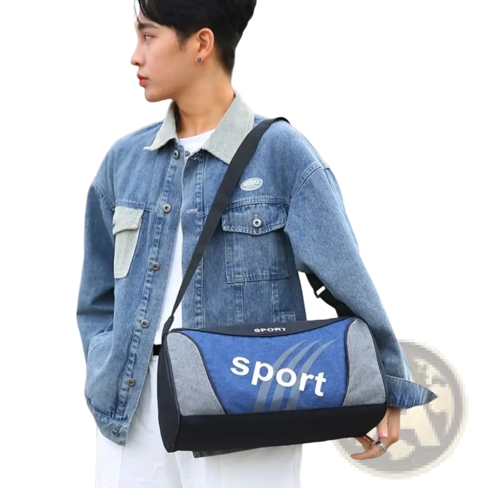 Blue and gray small gym duffel bag with black trim and white sport lettering for fitness training use