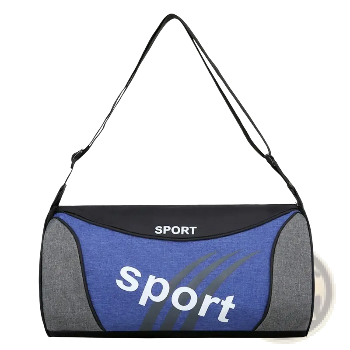 Small gym bag sports fitness training duffel handbag in blue and gray with black trim and white sport logo