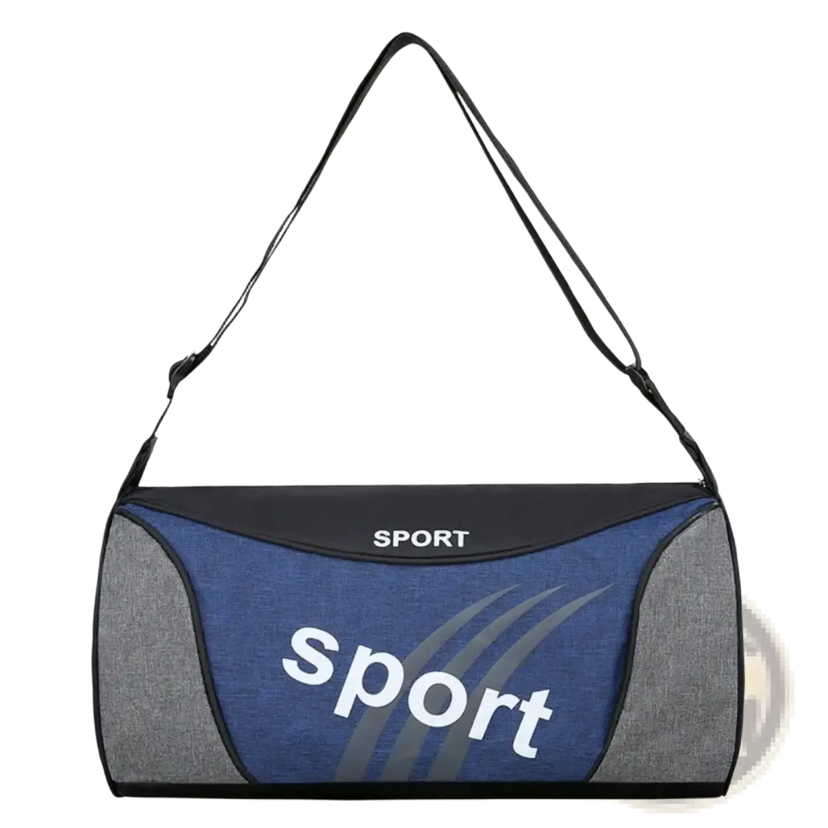 Small gym bag sports fitness training duffel handbag in blue and gray with black trim and white sport logo
