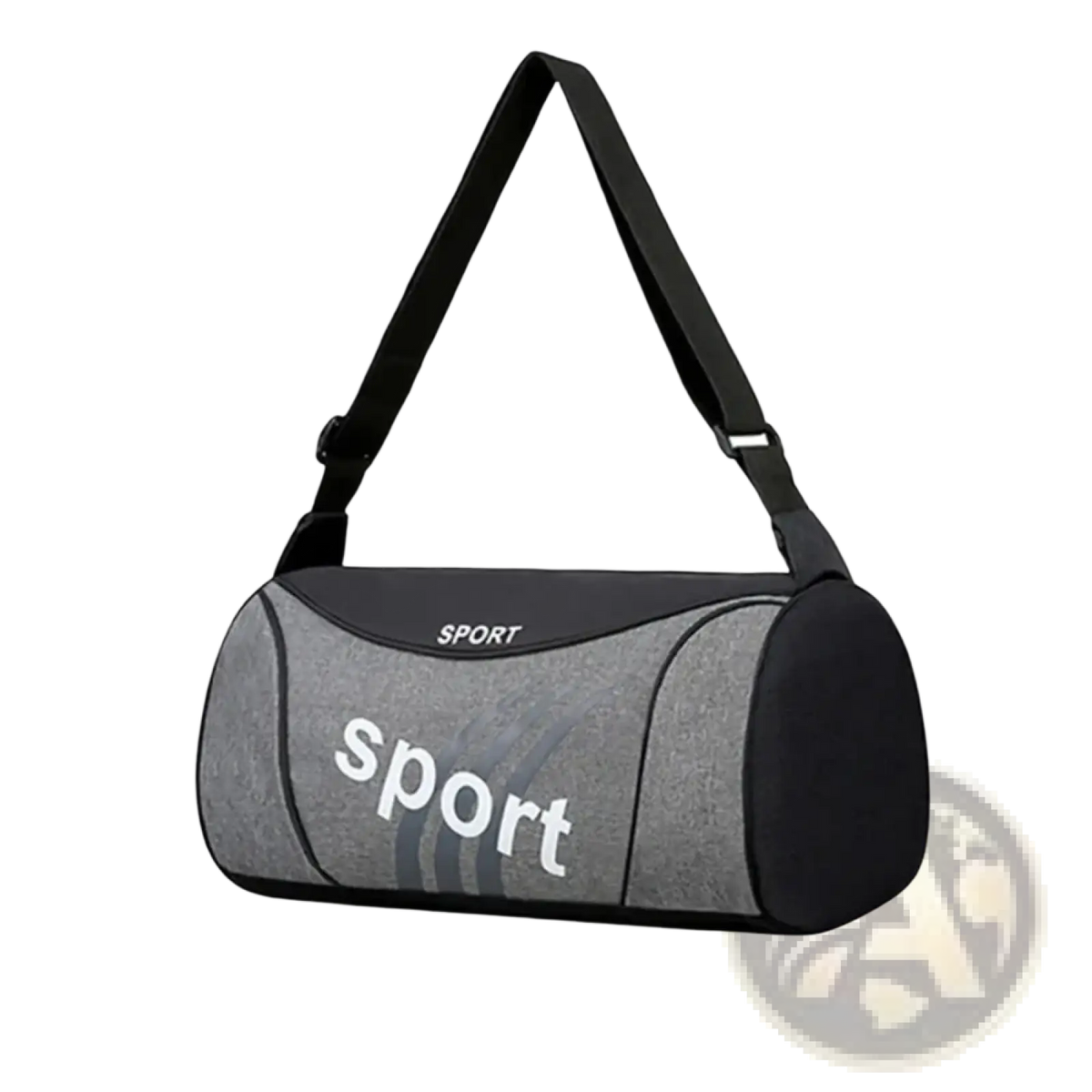 Gray and black cylindrical small gym bag with sport printed in white for sports fitness training duffel handbag