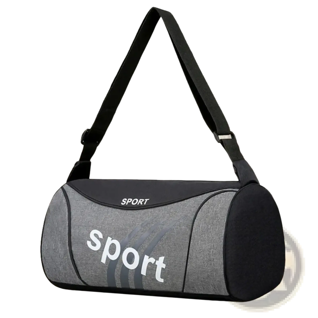Small gym bag sports fitness training duffel handbag in gray and black textured fabric with white sport lettering and adjustable strap