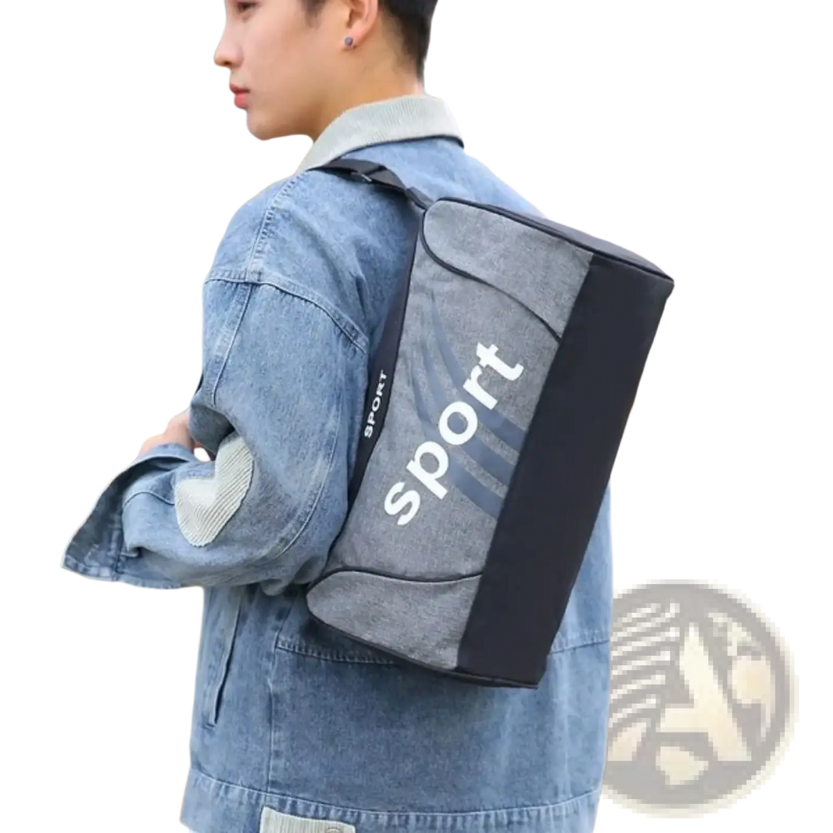 Small gray and black sport duffel gym bag with white sport lettering on textured fabric for fitness training use