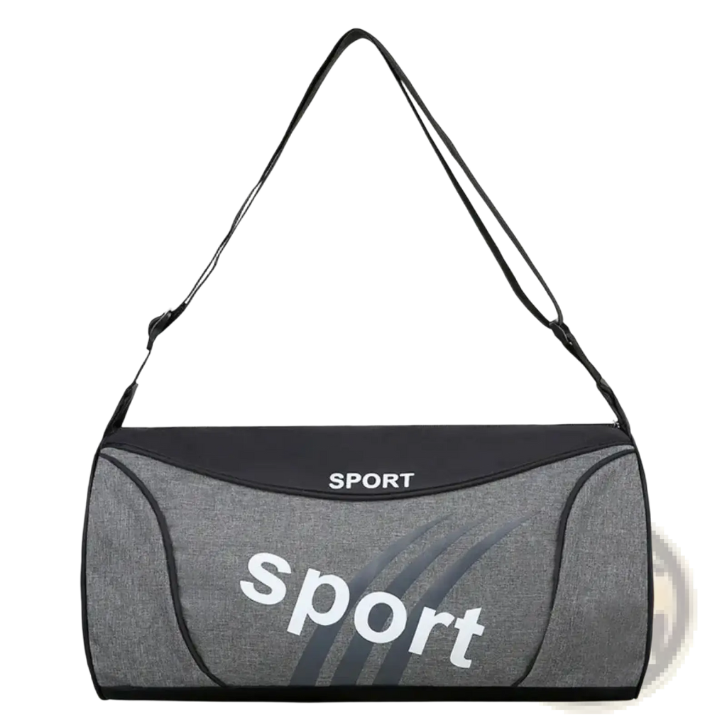 Small gym bag sports fitness training duffel handbag in gray and black with white sport lettering on the front