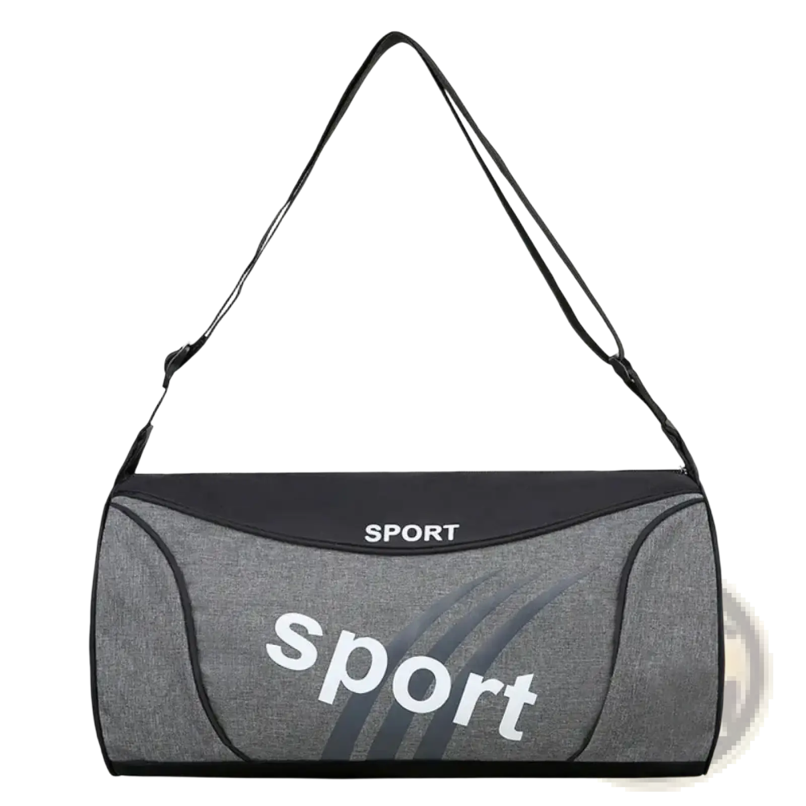 Small gym bag sports fitness training duffel handbag in gray and black with white sport lettering on the front