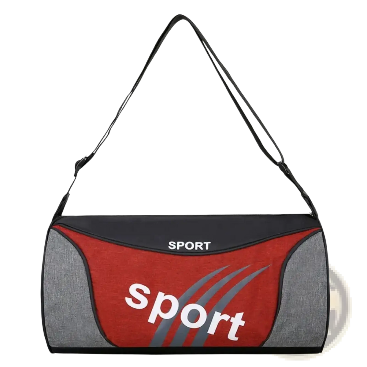 Small gym bag sports fitness training duffel handbag in red and gray with black trim and white sport logo