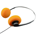 Orange foam earplugs attached to black retro wired small headphones with over ear portable design and wire