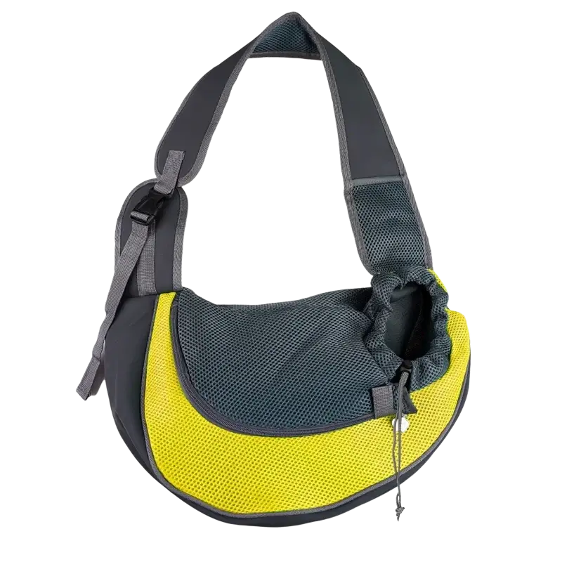 Bright yellow and dark gray mesh small pet carrier sling bag with adjustable shoulder strap for small pets