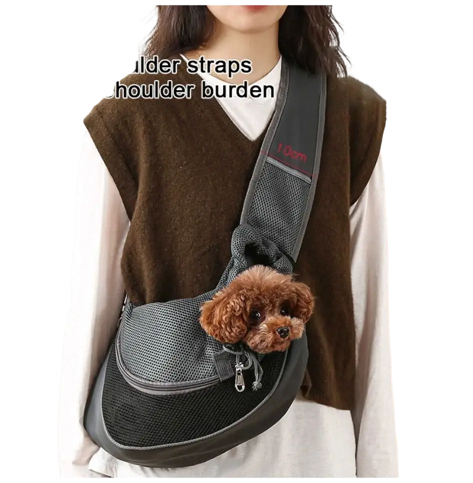 Gray mesh small pet carrier sling bag with adjustable shoulder strap and zipper closure for small pets