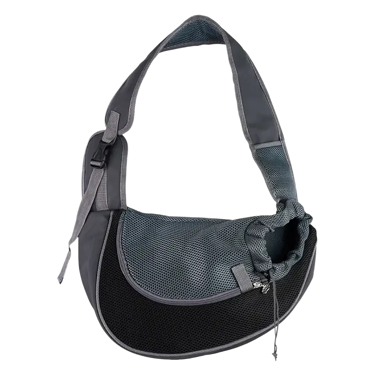 Gray and black mesh small pet carrier sling bag with adjustable shoulder strap for comfortable carrying