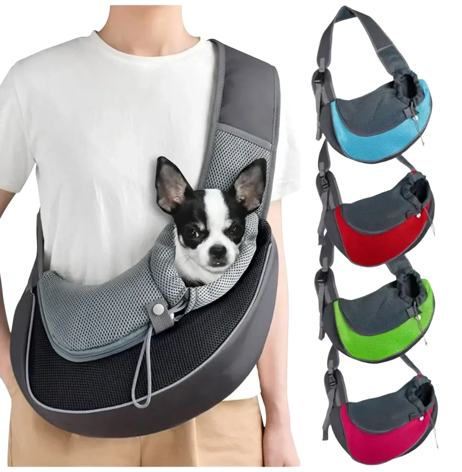 Gray mesh small pet carrier sling bag with adjustable shoulder strap and drawstring closure for small pets