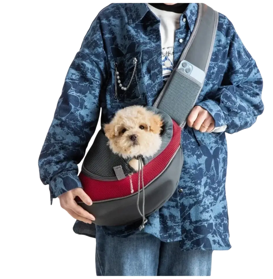 Gray and red mesh small pet carrier sling bag with adjustable shoulder strap for comfortable carrying of small pets