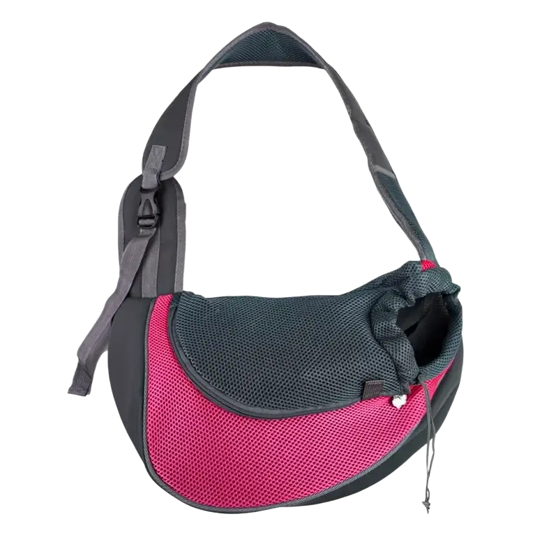 Small pet mesh carrier sling bag in pink and gray with adjustable shoulder strap for small pets