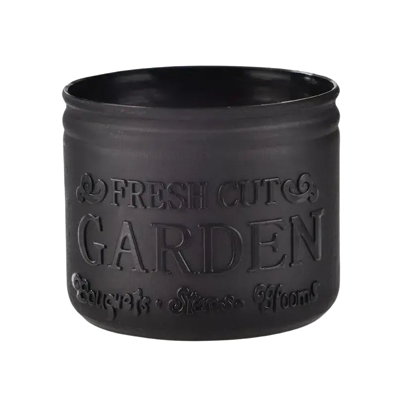 Small size black matte ceramic planter pot for succulents with embossed fresh cut garden text and decorative swirls