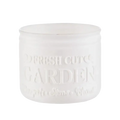 A small size frosted white glass candle jar with embossed fresh cuts garden text measuring 8 cm by 9.5 cm