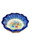 Hand-painted sealife ceramic scalloped babka bowl with blue rim and intricate lace pattern featuring colorful sea creatures