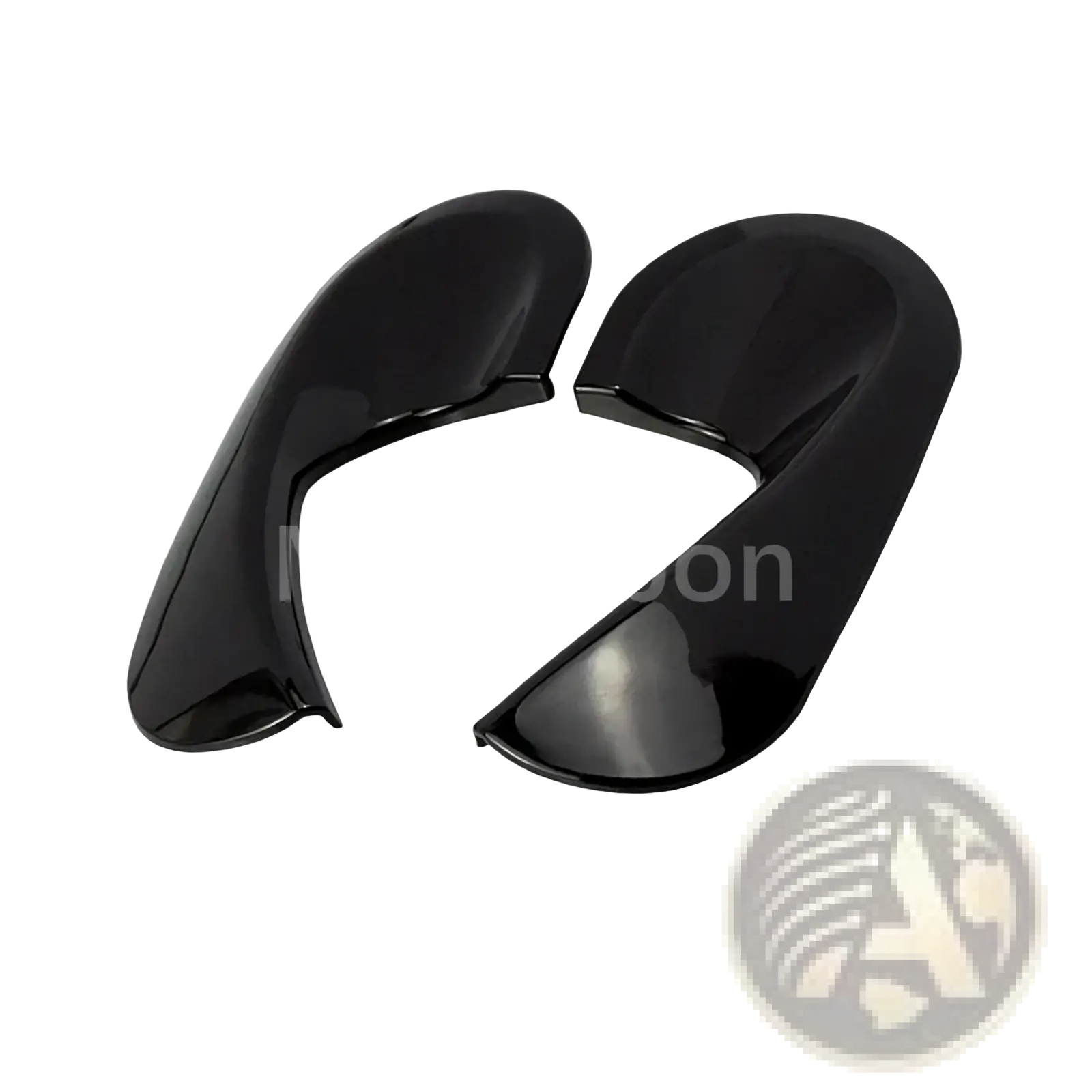 Black glossy plastic side mirror covers for smart 453 fortwo in a black interior exterior trim kit shown from the back side