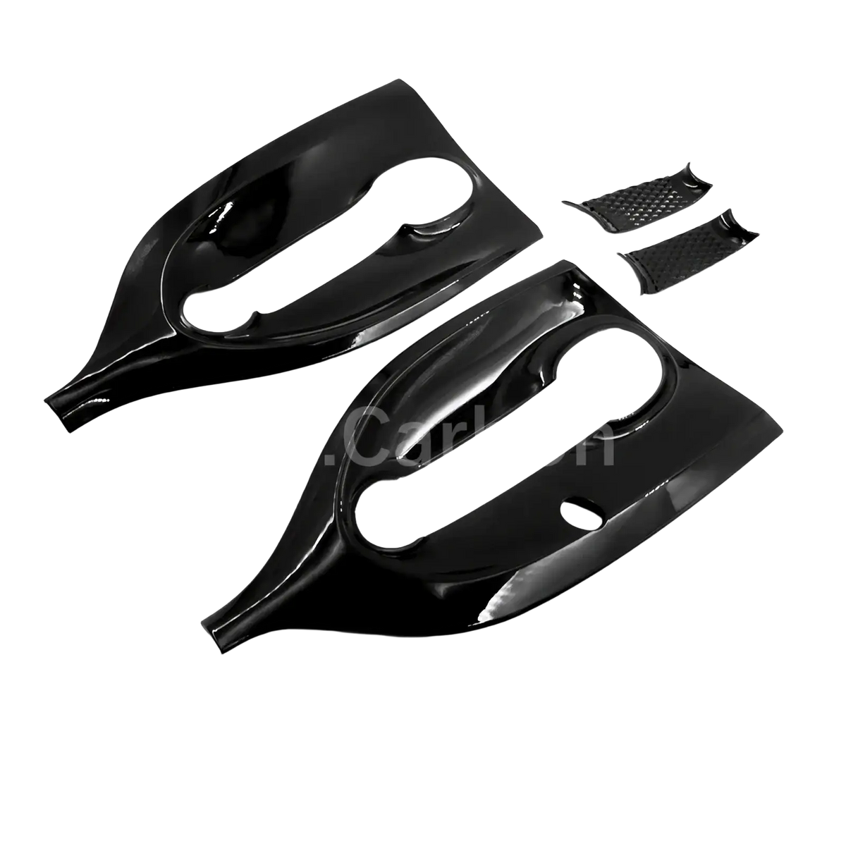 Black glossy carbon fiber side mirror covers for smart 453 fortwo in black interior exterior trim kit shown from back side