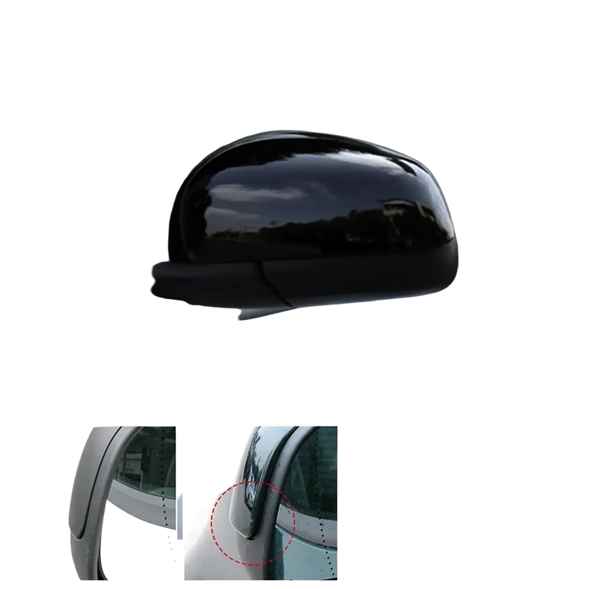 Black glossy side mirror cover for smart 453 with sleek curved shape and smooth surface finish for white cars