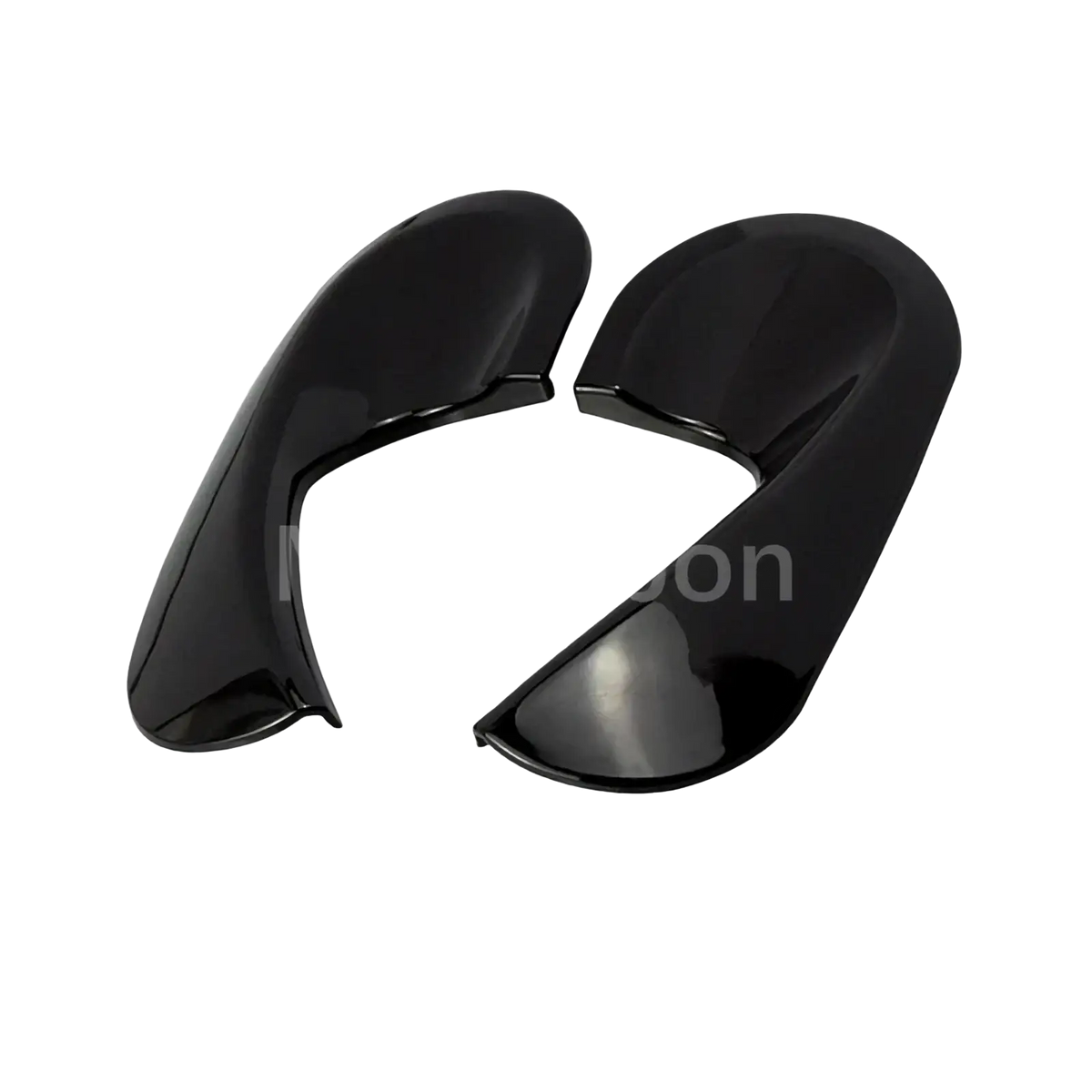Black glossy plastic side mirror covers for smart 453 fortwo in a black interior exterior trim kit shown from the back side