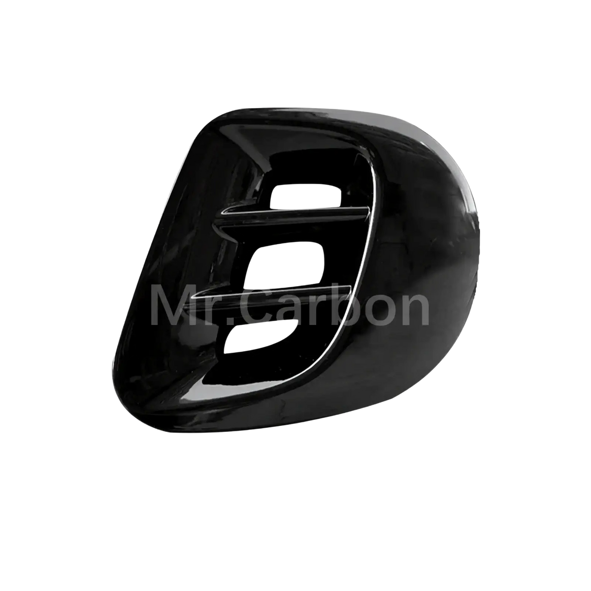 Black glossy plastic side mirror cover for smart 453 fortwo shown from the back as part of black interior exterior trim kit