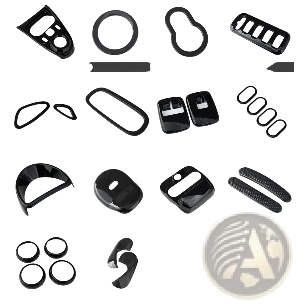 Smart 453 black interior exterior trim kit featuring glossy black plastic car trim pieces in various shapes and sizes