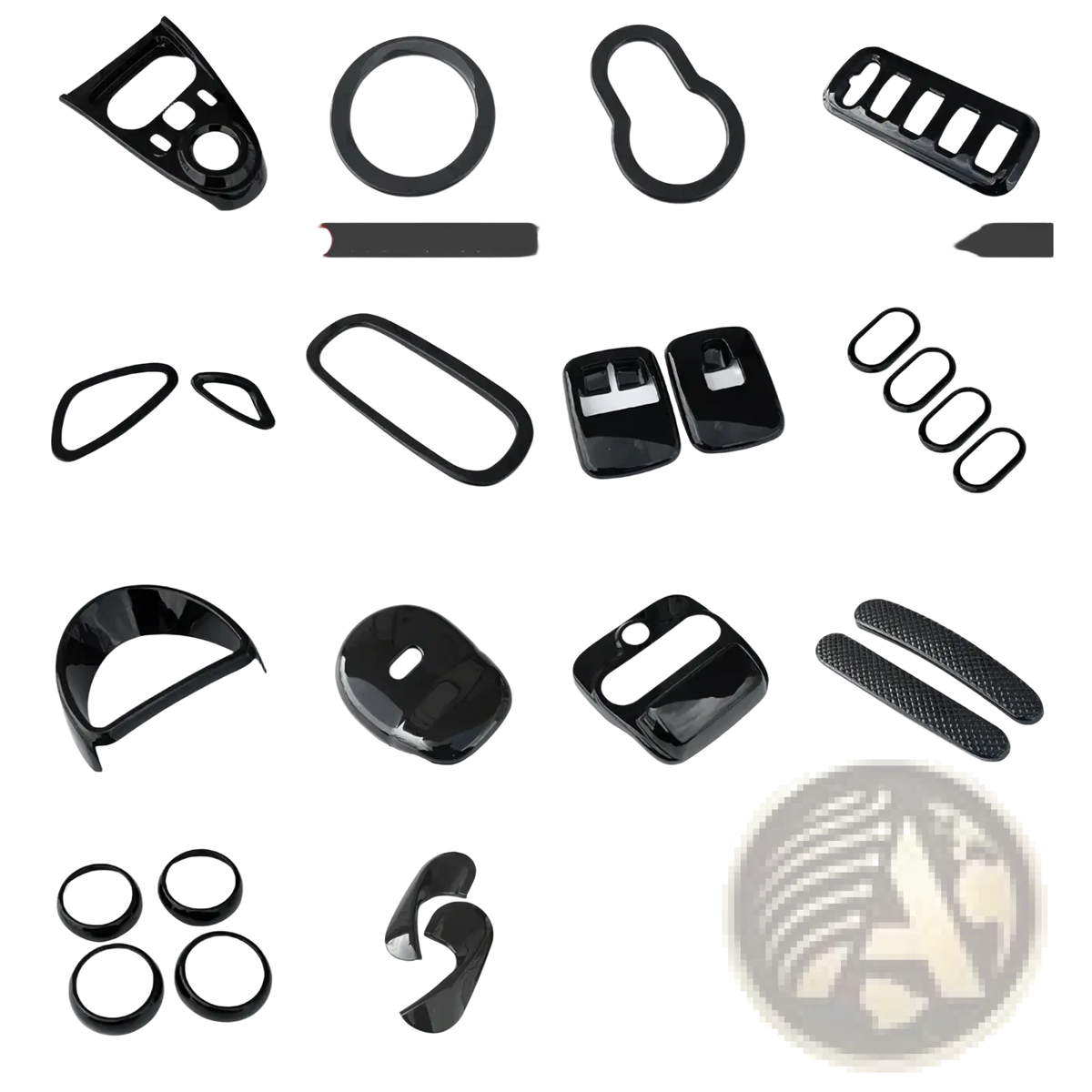 Smart 453 black interior exterior trim kit featuring glossy black plastic car trim pieces in various shapes and sizes