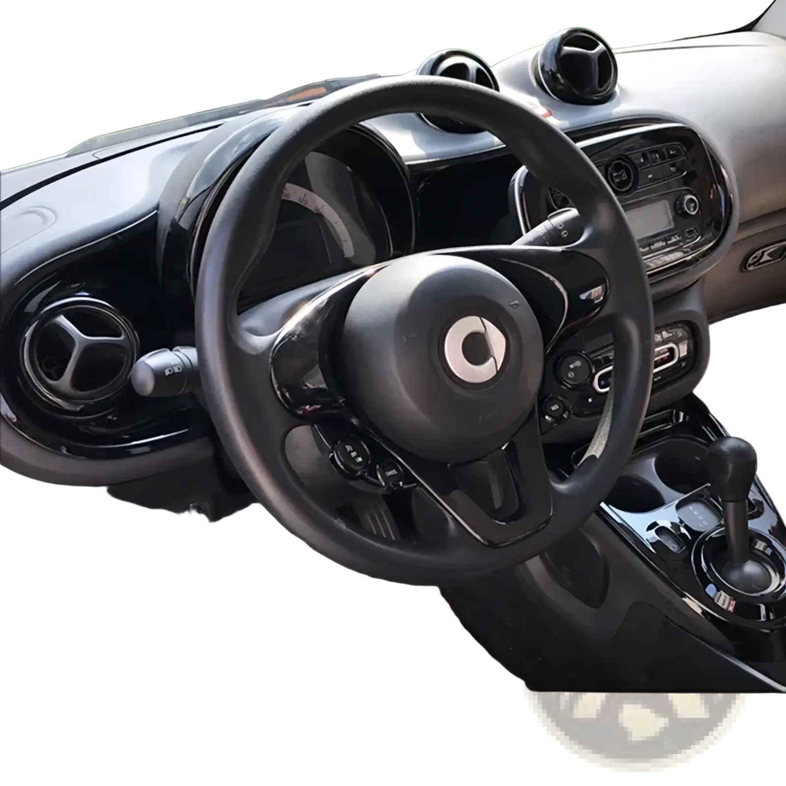 Smart 453 black interior trim kit featuring a black leather-wrapped steering wheel with smart logo and chrome accents