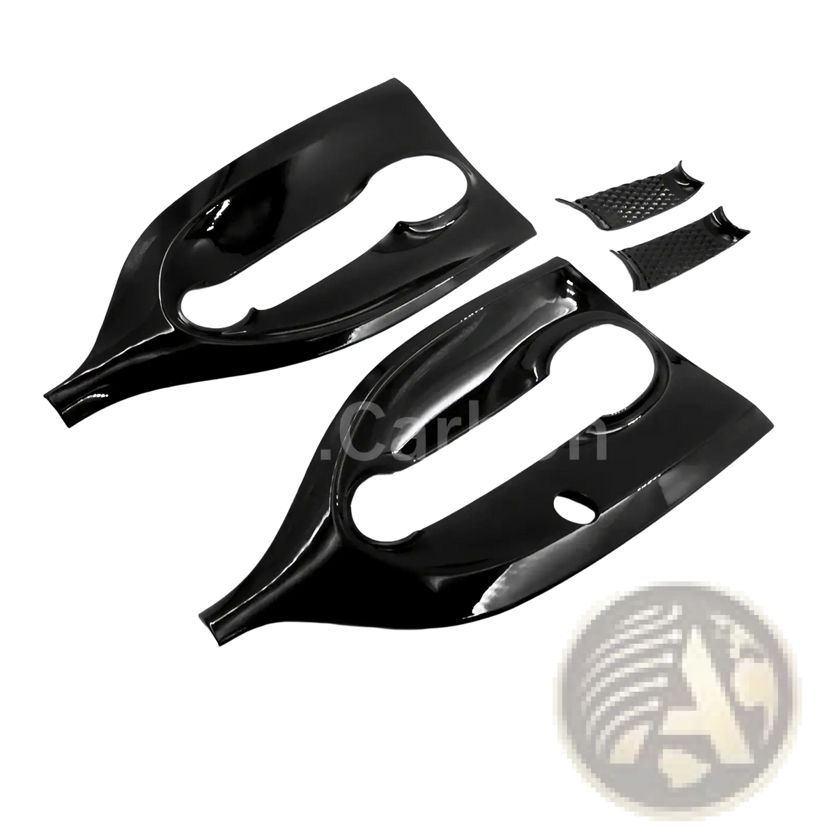 Black glossy carbon fiber side mirror covers for smart 453 fortwo in black interior exterior trim kit shown from back side