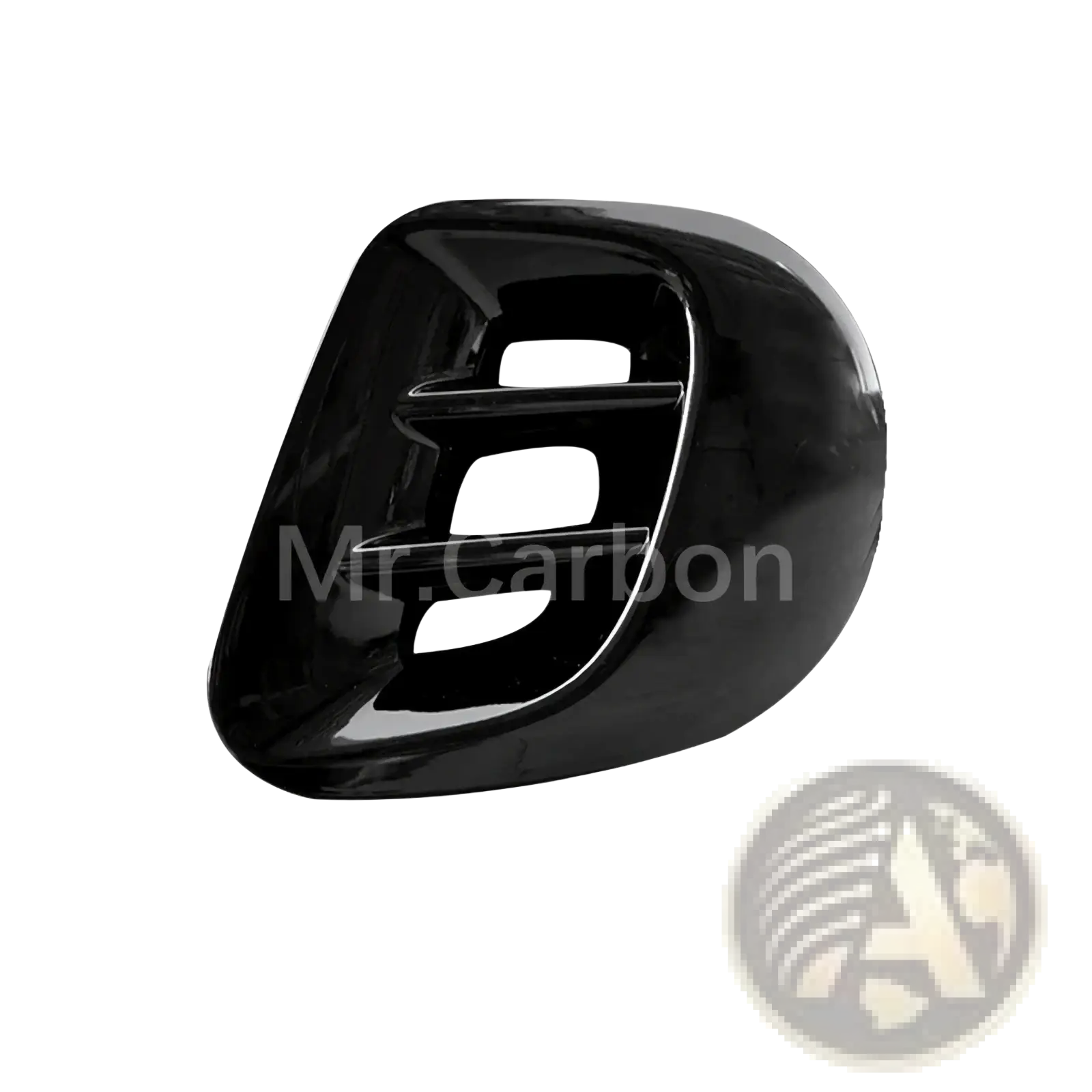 Black glossy plastic side mirror cover for smart 453 fortwo shown from the back as part of black interior exterior trim kit