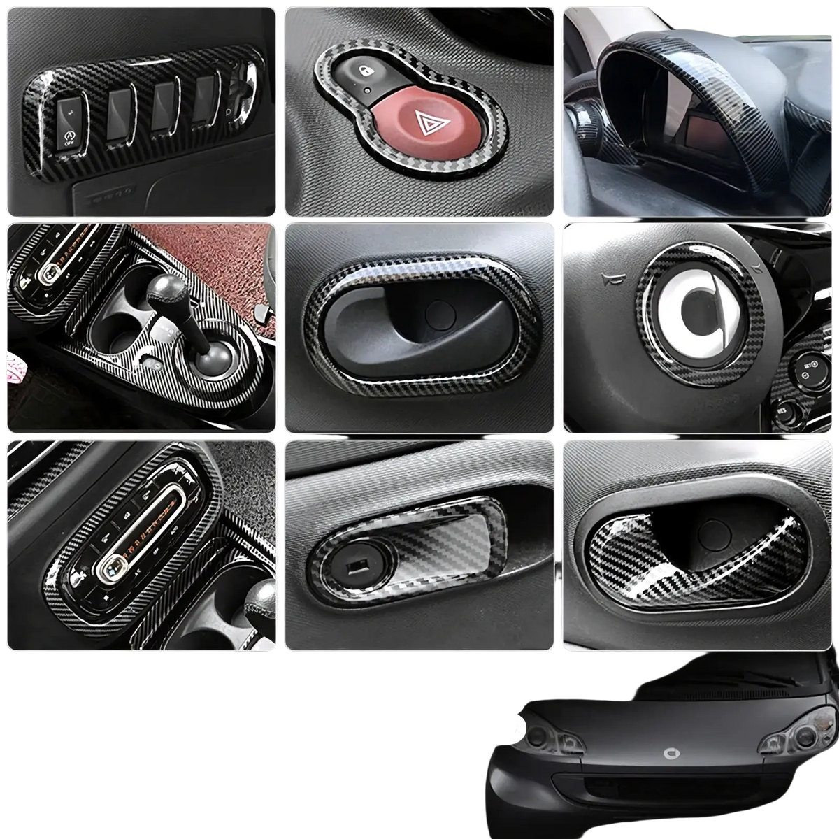 Smart 453 carbon fiber air vent trim kit featuring sleek high gloss black weave pattern for interior enhancement