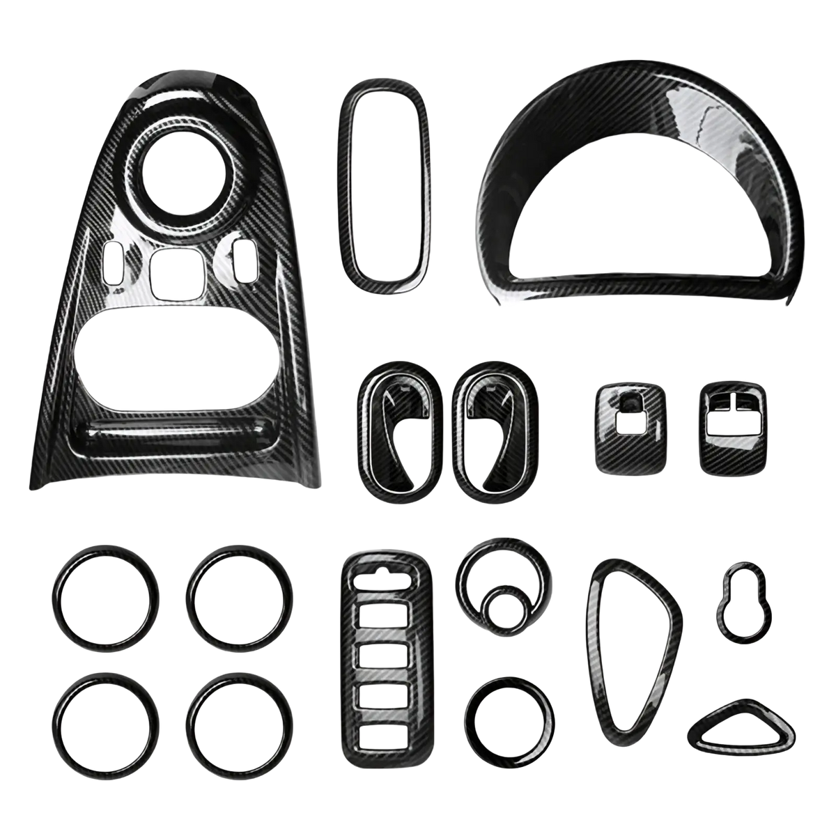 Black carbon fiber textured smart 453 air vent trim kit with glossy finish featuring various shaped interior pieces