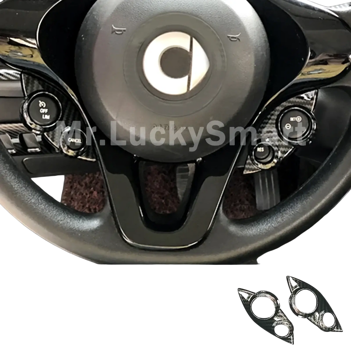 Black carbon-fiber style steering wheel button covers for smart 453 fortwo forfour in carbon fiber air vent trim kit