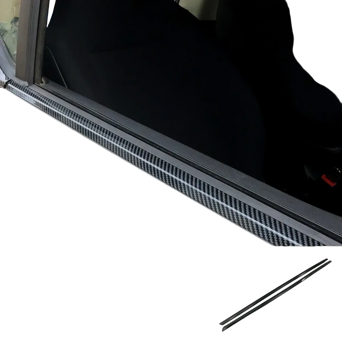Black carbon-fiber style door sill trim for smart 453 fortwo enhancing interior with durable lightweight material