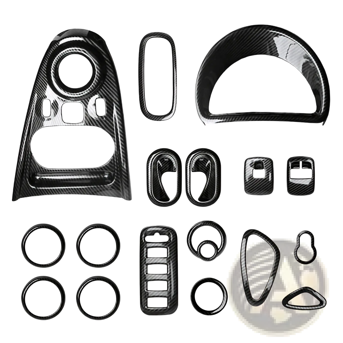 Black carbon fiber textured smart 453 air vent trim kit with glossy finish featuring various shaped interior pieces