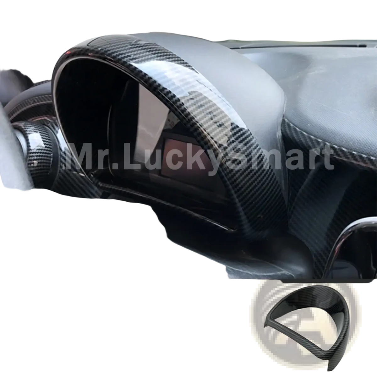 Carbon fiber styled glossy black side mirror cover with textured weave for smart 453 fortwo forfour back side view