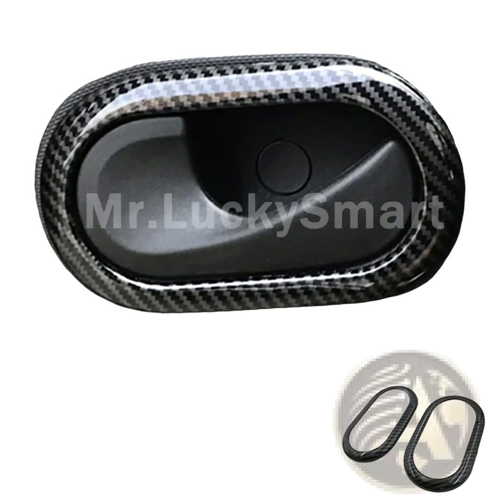 Smart 453 carbon fiber door handle trim with sleek black and gray woven pattern and glossy edges for fortwo 453