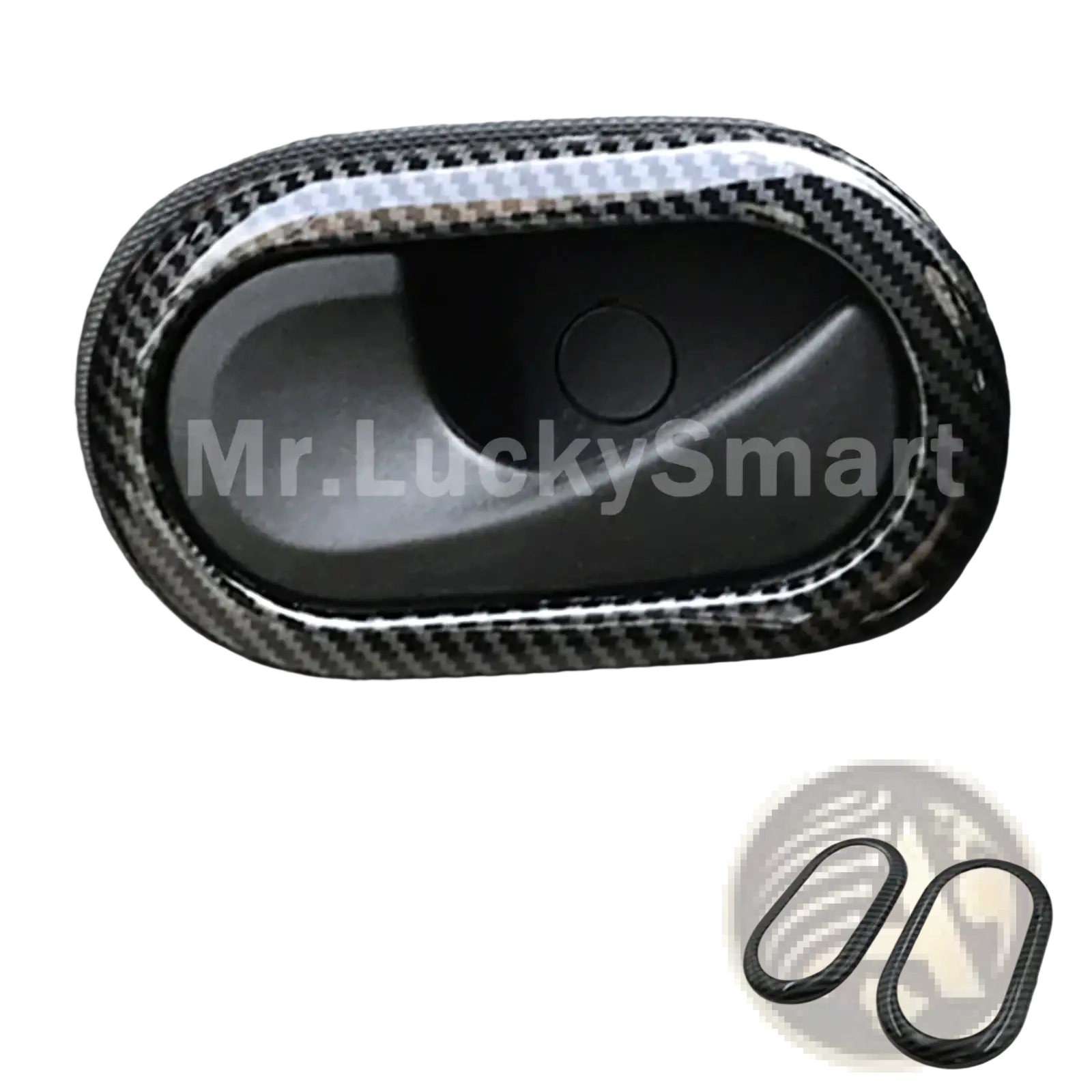 Smart 453 carbon fiber door handle trim with sleek black and gray woven pattern and glossy edges for fortwo 453