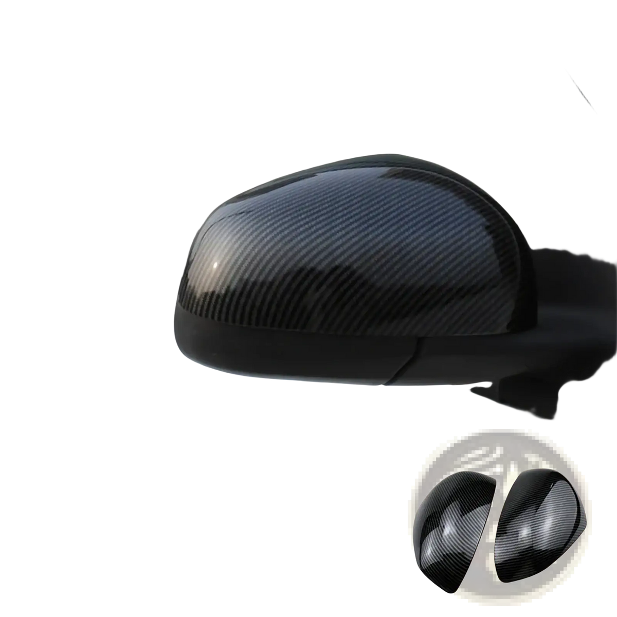 Black carbon fiber style side mirror cover for smart 453 fortwo forfour shown from the back side