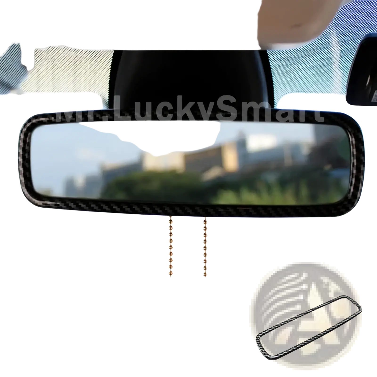 Carbon-fiber-style trim in black designed for smart 453 fortwo forfour rearview mirror back side view