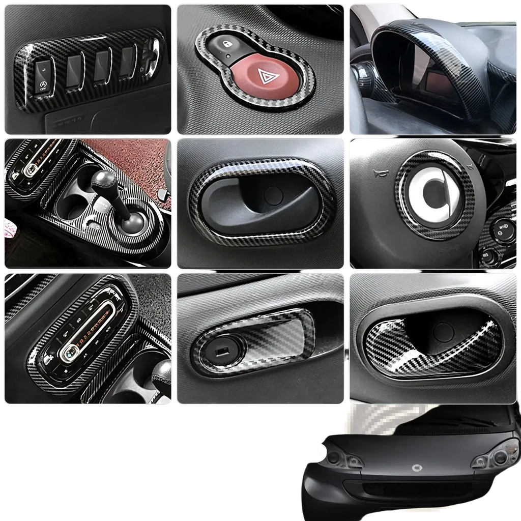 Smart 453 carbon fiber air vent trim kit featuring sleek high gloss black weave pattern for interior enhancement