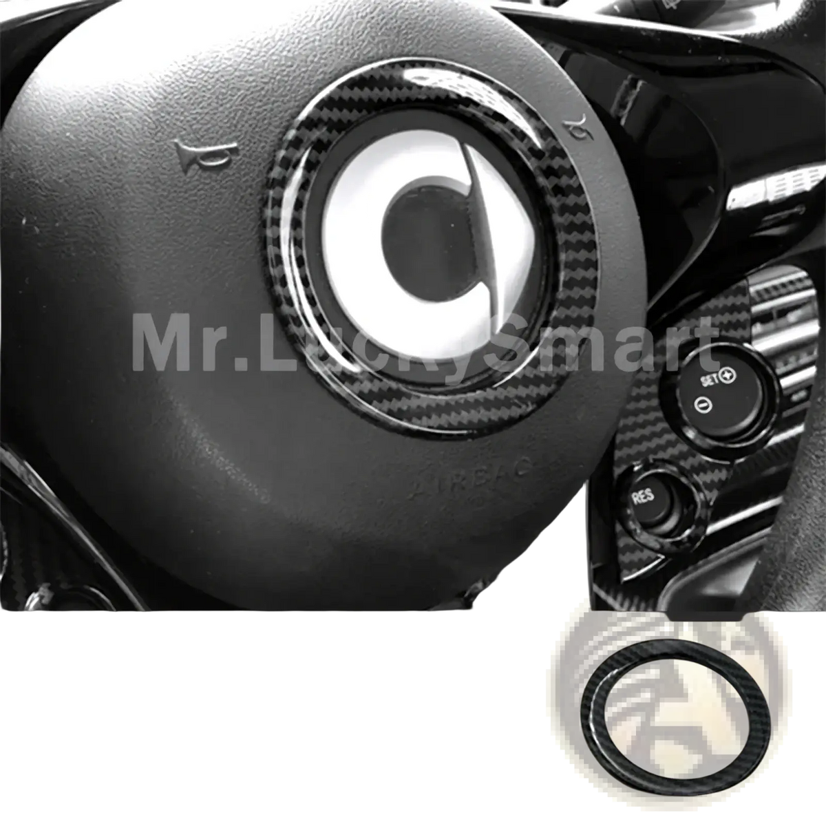 Carbon-fiber styled black steering wheel button cover for smart 453 fortwo forfour in carbon fiber air vent trim kit