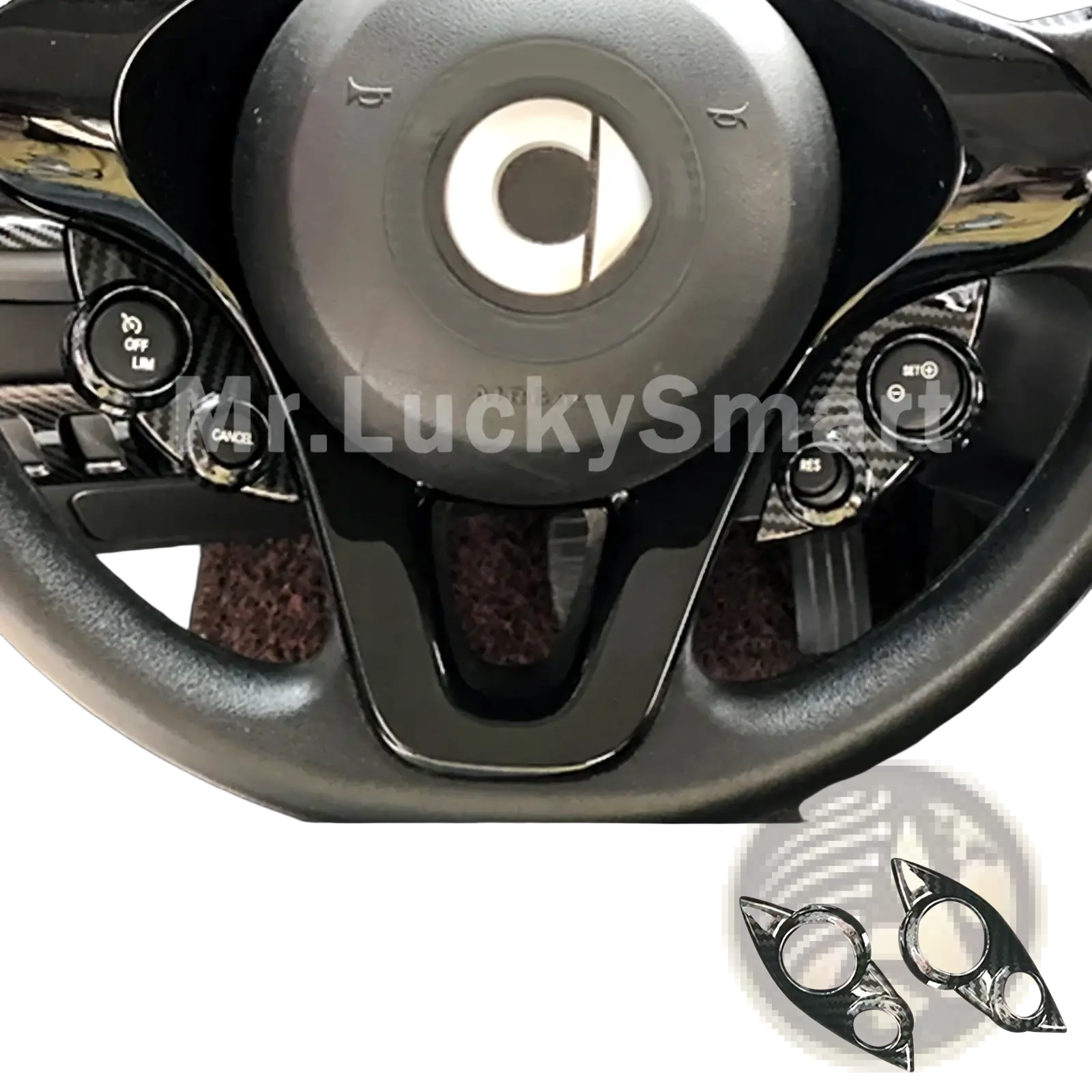 Black carbon-fiber style steering wheel button covers for smart 453 fortwo forfour in carbon fiber air vent trim kit