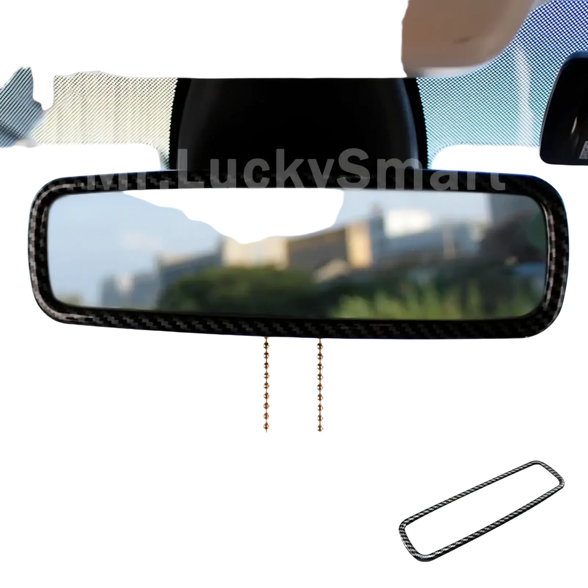 Carbon-fiber-style trim in black designed for smart 453 fortwo forfour rearview mirror back side view
