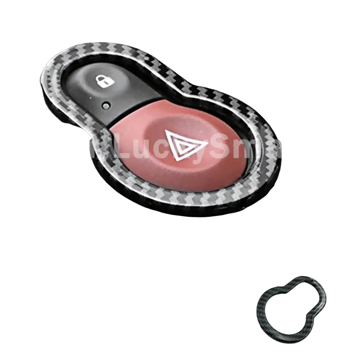Smart 453 carbon fiber air vent trim kit with sleek black and gray woven pattern framing red hazard button