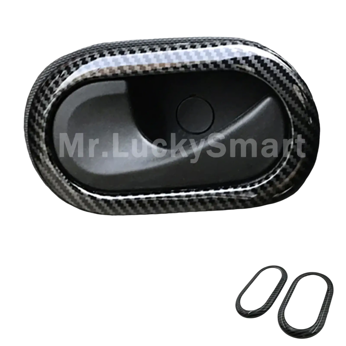 Smart 453 carbon fiber door handle trim with sleek black and gray woven pattern and glossy edges for fortwo 453